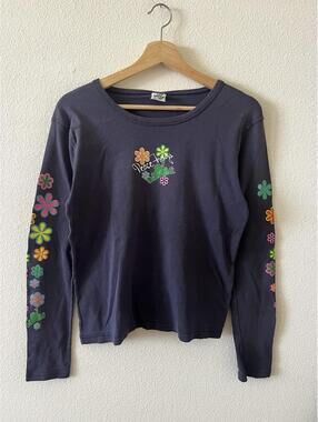 Vintage Peace Frogs Flower Sleeve Graphic Navy Tee Large